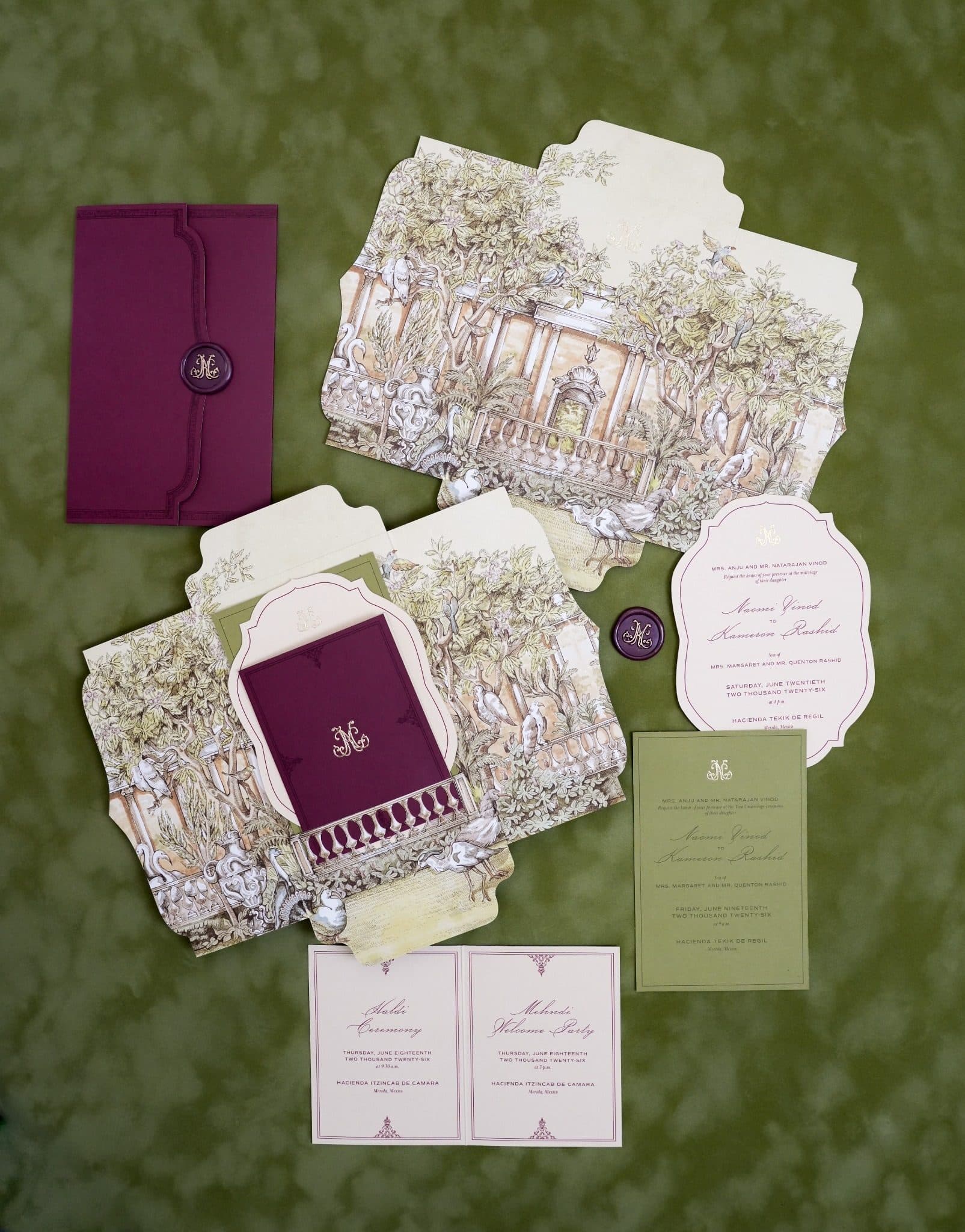 Suite di partecipazioni IuMi Studio con dettagli architettonici illustrati, carta verde oliva e buste color prugna