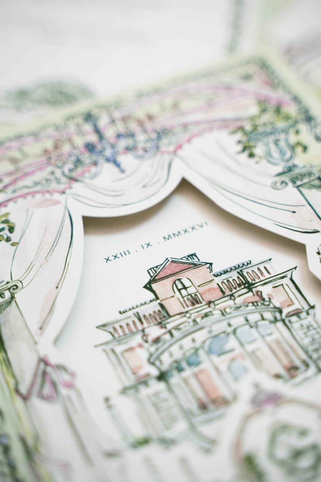 Detail of the die-cut curtain cover with the illustrated venue and the date in Roman numerals