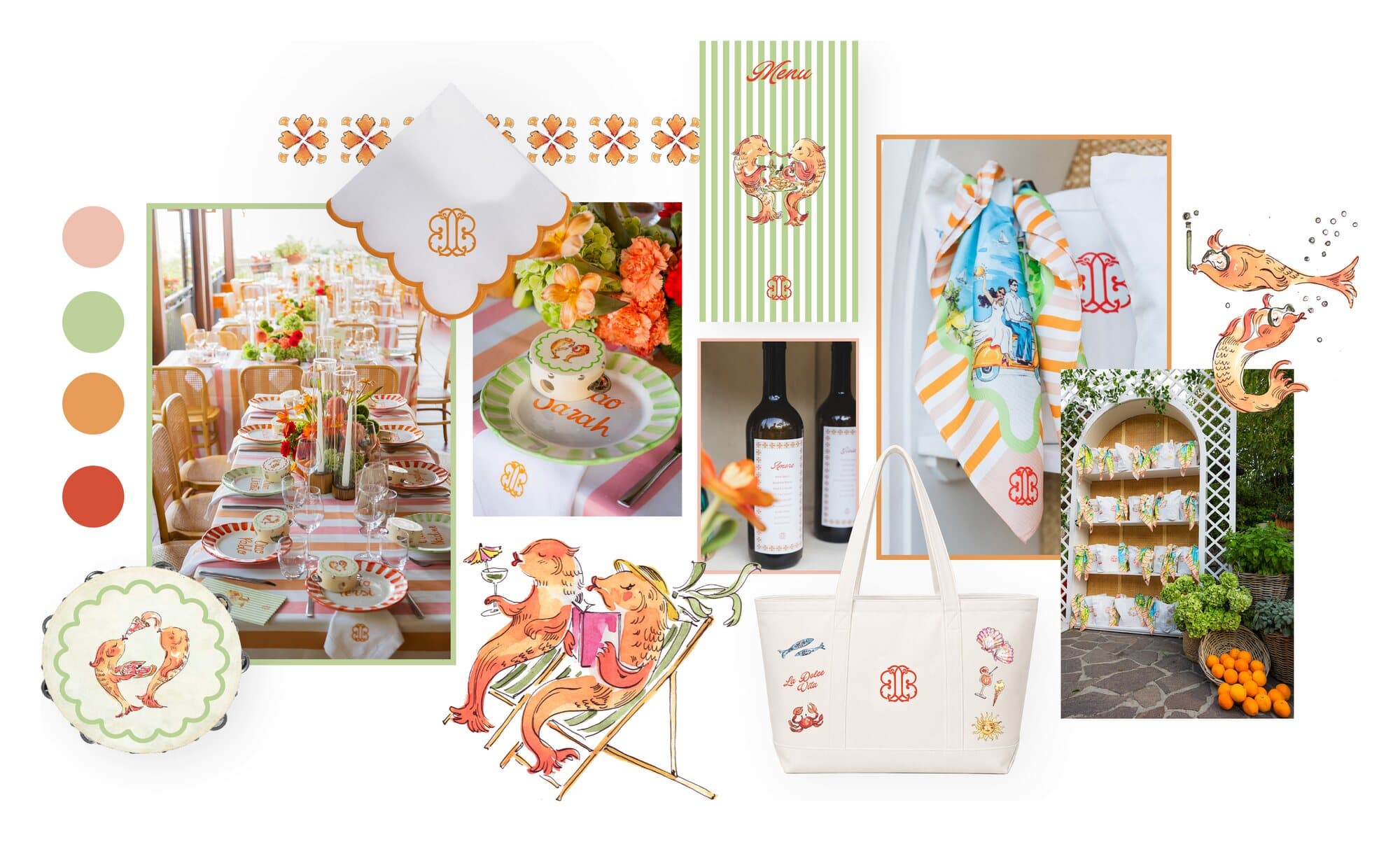 Identità per un matrimonio in Costiera Amalfitana di IuMi Studio: pesci illustrati nei toni corallo e salvia, tovaglioli con monogramma, menu a righe, etichette per il vino, foulard in seta stampato, shopper e tableau