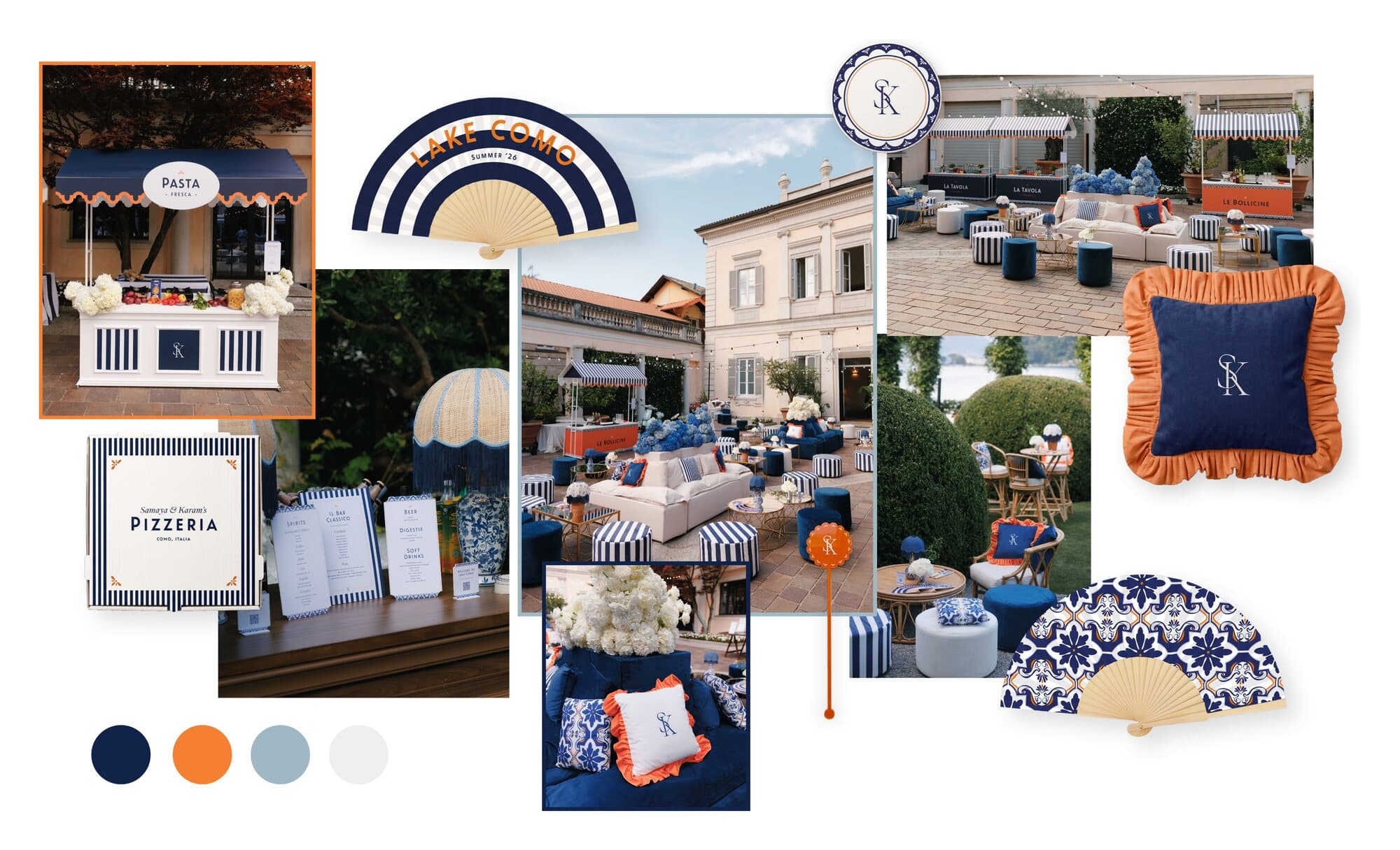 Identità per un matrimonio sul Lago di Como di IuMi Studio in blu navy e arancio: corner pasta e pizza a righe, ventagli Lake Como, cuscini con monogramma, menu e allestimento lounge in villa