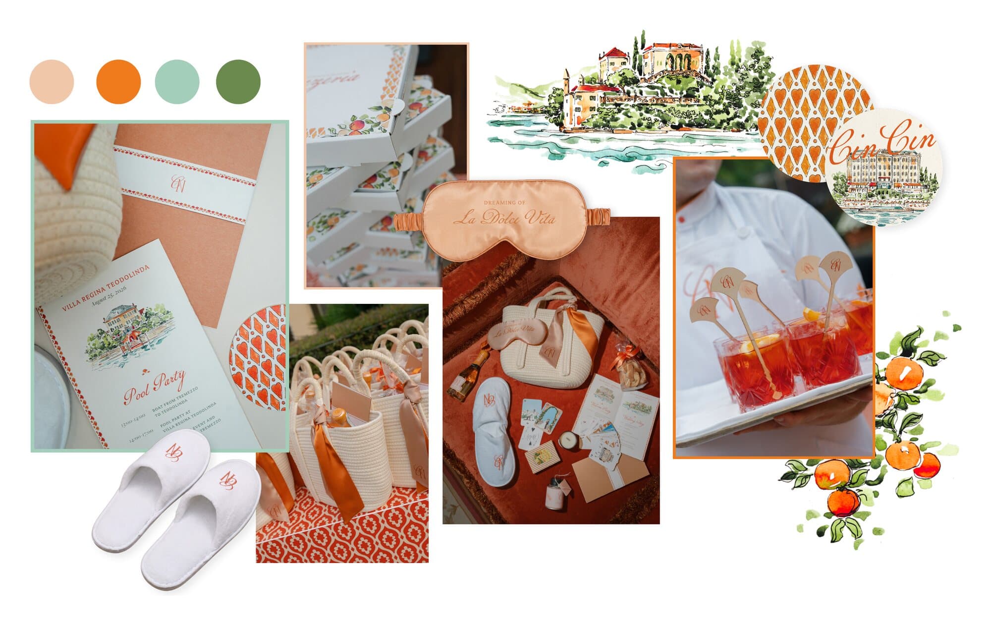 Pool party sul Lago di Como di IuMi Studio a Villa Regina Teodolinda: illustrazioni ad acquerello del lago, inviti color pesca, ciabattine con monogramma, welcome bag, mascherine e agitatori per cocktail