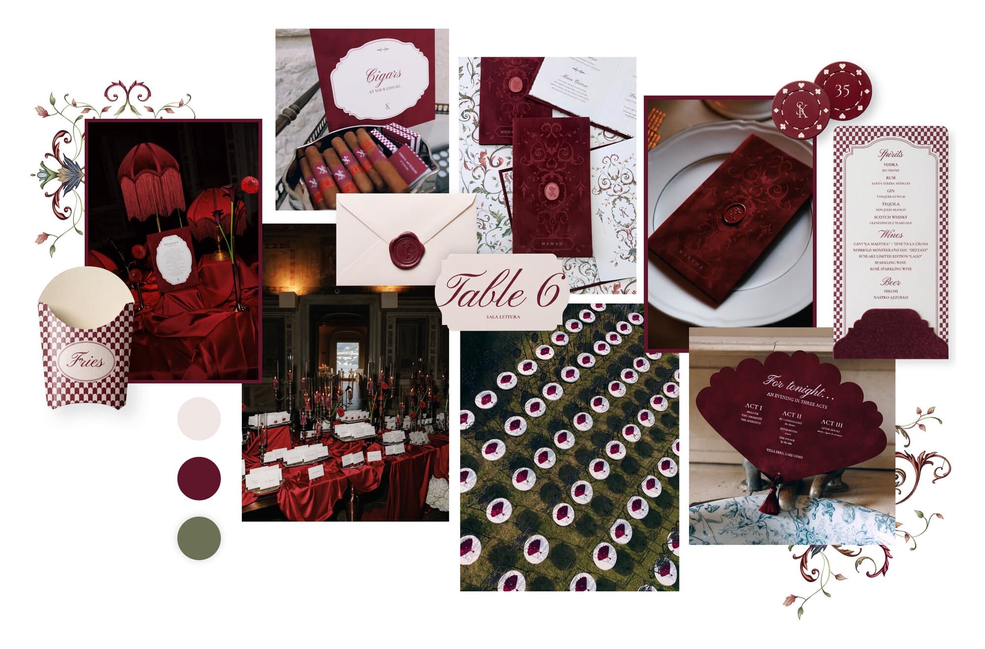 Matrimonio sul Lago di Como di IuMi Studio in bordeaux: inviti in velluto con sigillo in ceralacca, segnatavolo Table 6, scatola per sigari, fiches, programma a ventaglio e tableau a lume di candela