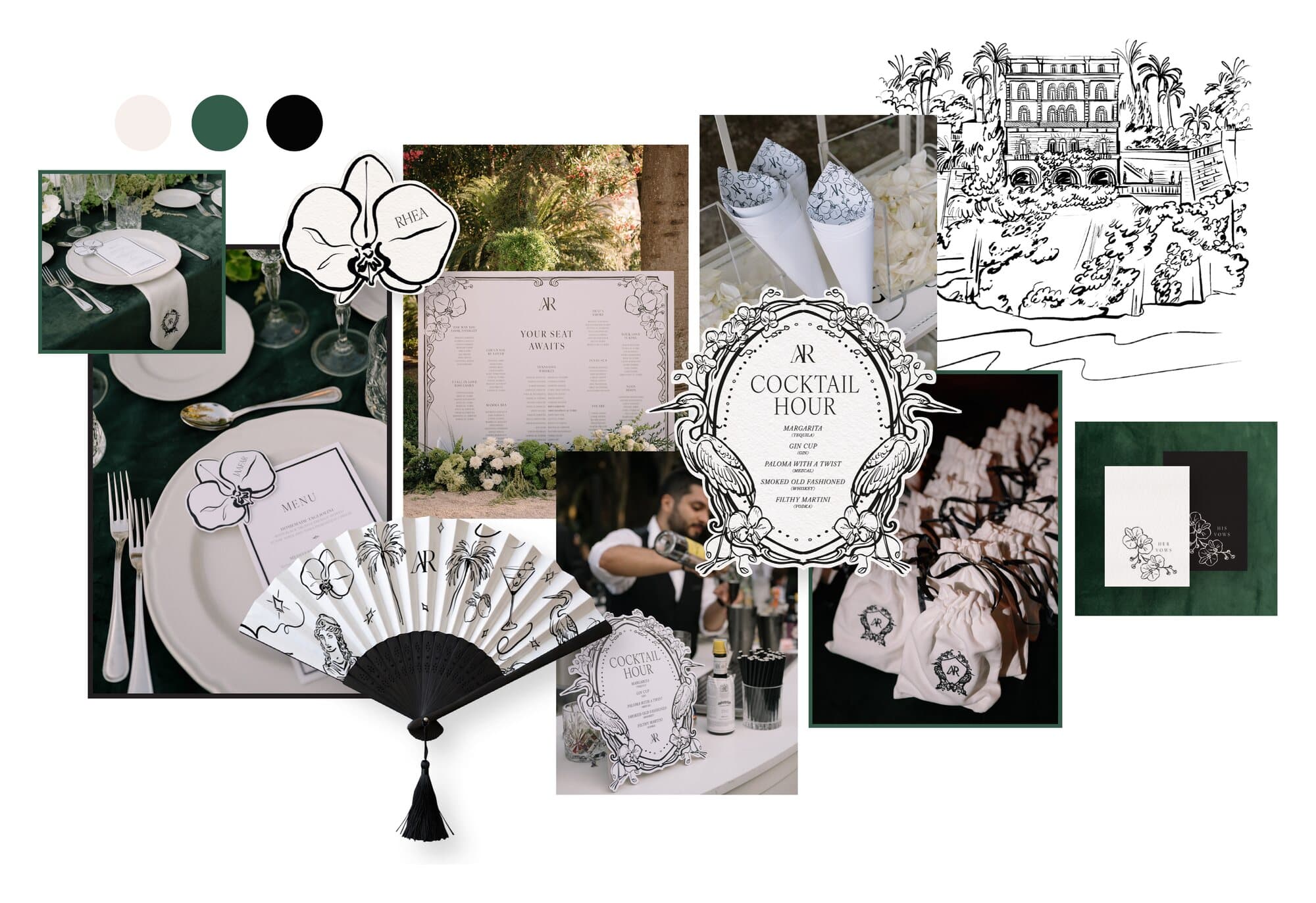 Matrimonio in Costiera Amalfitana di IuMi Studio in nero, bianco e verde: illustrazione della villa disegnata a mano, segnaposto a orchidea, tableau, menu del cocktail, ventaglio dipinto e sacchetti bomboniera