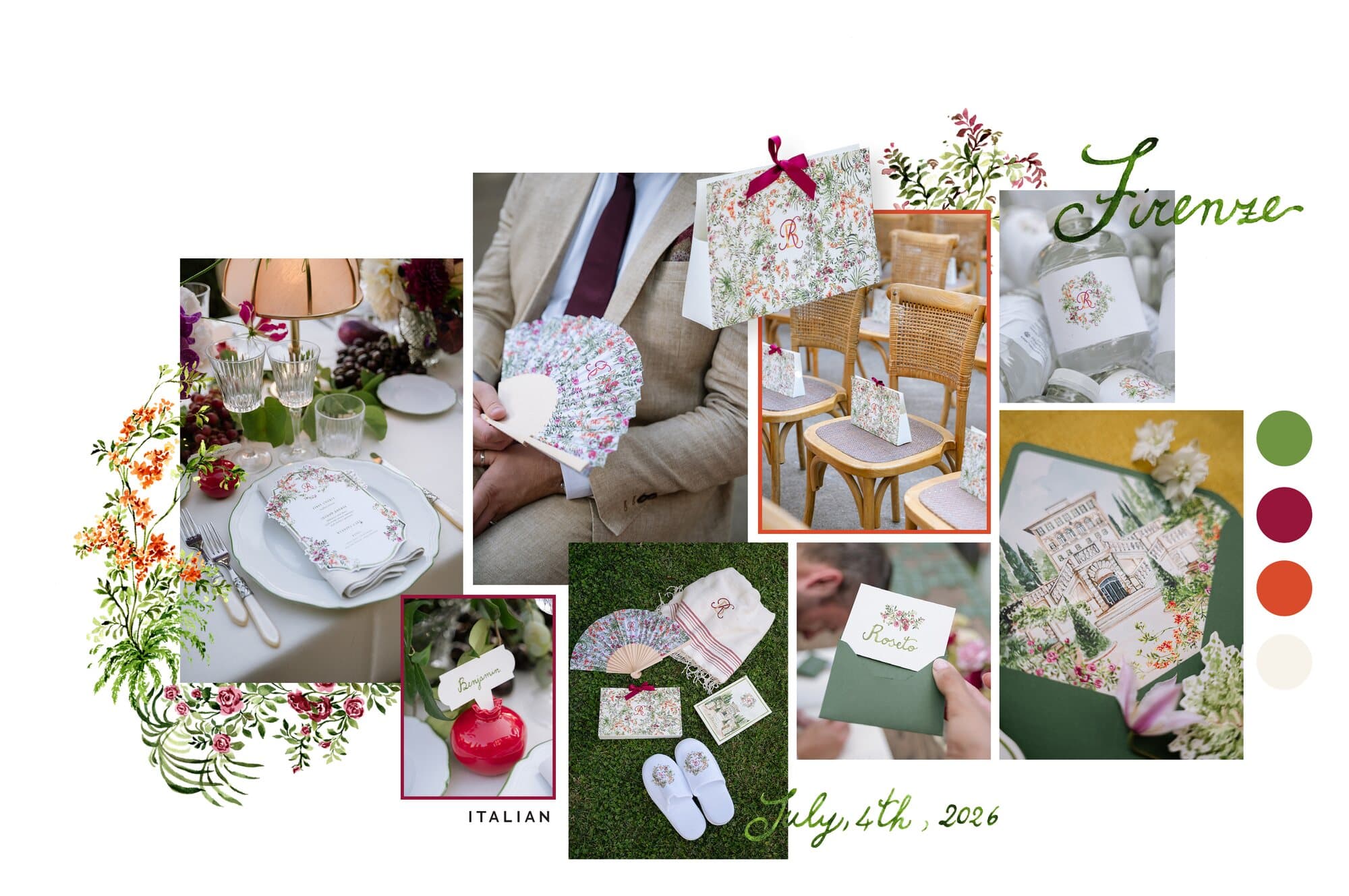 Matrimonio a Firenze di IuMi Studio: menu con botaniche ad acquerello, ventagli floreali, fodere delle buste con la villa illustrata, segnaposto, gift bag e ciabattine con monogramma