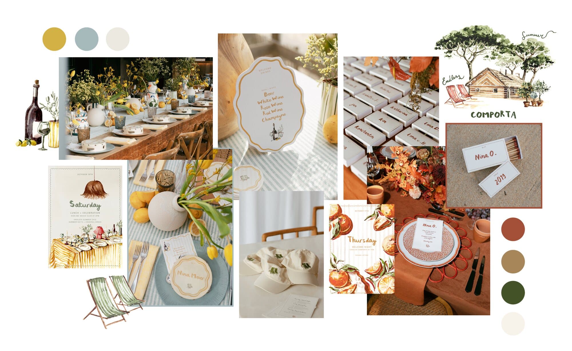Weekend di matrimonio a Comporta di IuMi Studio: inviti scritti a mano, menu del bar smerlato, segnaposto illustrati, scatole di fiammiferi e cappellini ricamati nei toni ocra e terracotta